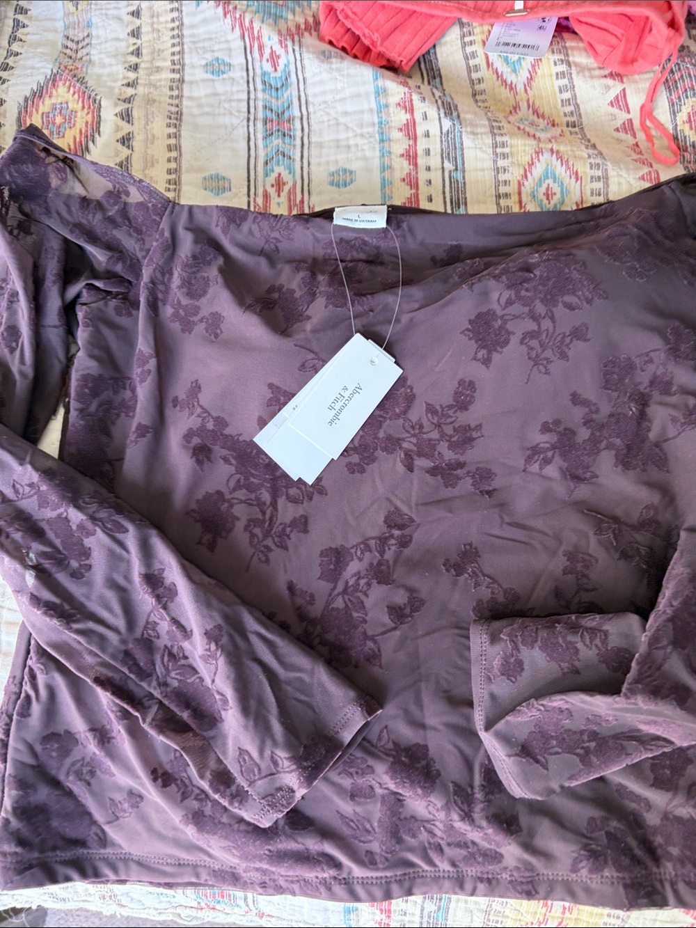 Abercrombie & Fitch Plum Floral Long-Sleeve Chemise Top off shoulder!!